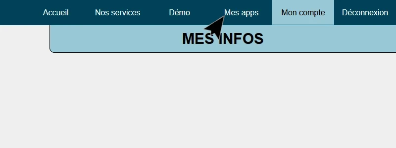 Cliquez sur 'Mes apps' pour accéder aux applications Interface du site web après connection avec une flèche montrant l'item du menu à cliquer