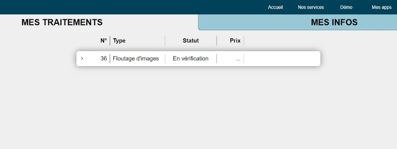 Interface de l'onglet 'Mes traitements' de la page 'Mon compte' lorsque le traitement de floutage d'images est en vérification