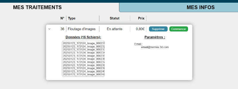 Interface de l'onglet 'Mes traitements' de la page 'Mon compte' lorsque le traitement de floutage d'images est en attente après sa vérification