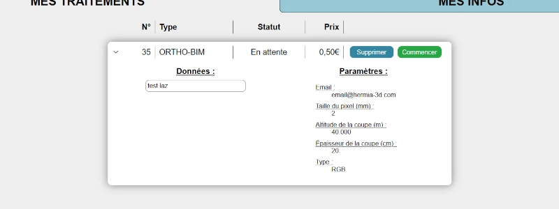 Interface de l'onglet 'Mes traitements' de la page 'Mon compte' lorsque le traitement d'ortho-nuage (BIM) est en attente après sa vérification