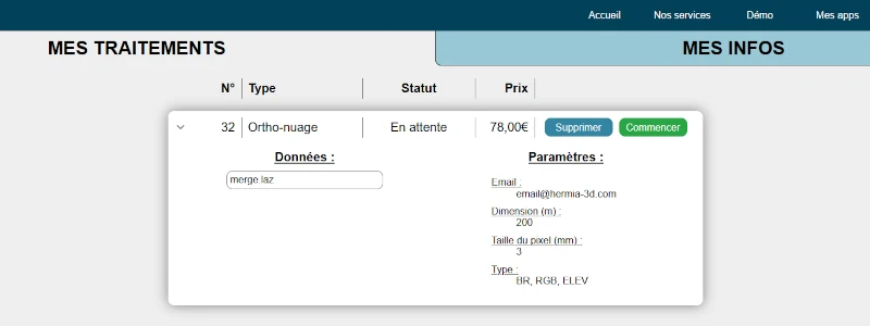 Interface de l'onglet 'Mes traitements' de la page 'Mon compte' lorsque le traitement d'ortho-nuage (TOPO) est en attente après sa vérification