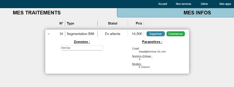 Interface de l'onglet 'Mes traitements' de la page 'Mon compte' lorsque le traitement de segmentation BIM est en attente après sa vérification