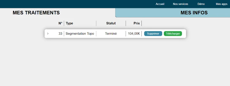 Interface de l'onglet 'Mes traitements' de la page 'Mon compte' lorsque le traitement de segmentation topographique est terminé