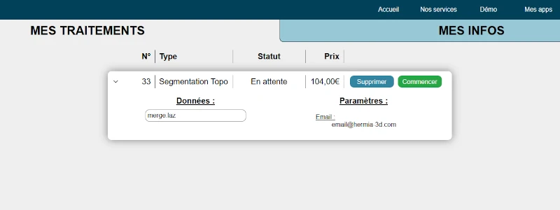 Interface de l'onglet 'Mes traitements' de la page 'Mon compte' lorsque le traitement de segmentation topographique est en attente après sa vérification