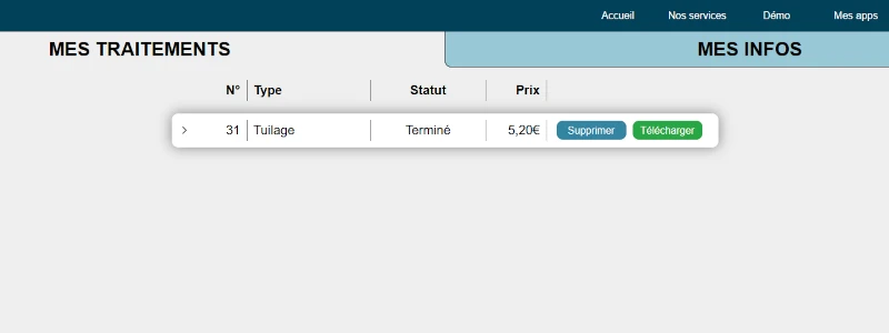 Interface de l'onglet 'Mes traitements' de la page 'Mon compte' lorsque le traitement de tuilage de nuages est terminé