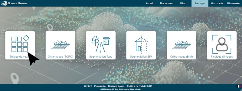 Cliquez sur le bouton 'Tuilage de nuages' Sélection de l'application 'Tuilage de nuages' dans la page 'Mes apps' avec un clique sur le bouton 'Tuilage de nuages'