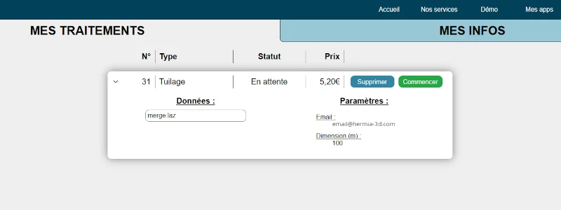 Interface de l'onglet 'Mes traitements' de la page 'Mon compte' lorsque le traitement de tuilage de nuages est en attente après sa vérification
