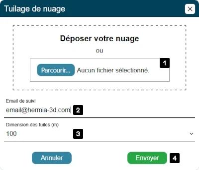 Remplissez le formulaire en déposant votre donnée et en personnalisant les différents paramètres proposés Interface de l'application 'Tuilage de nuages', celle-ci contient un formulaire à remplir